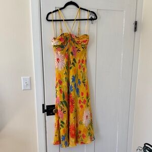 Anthropologie Yellow Floral Midi Dress with Pink, Blue, Red & Green Blooms